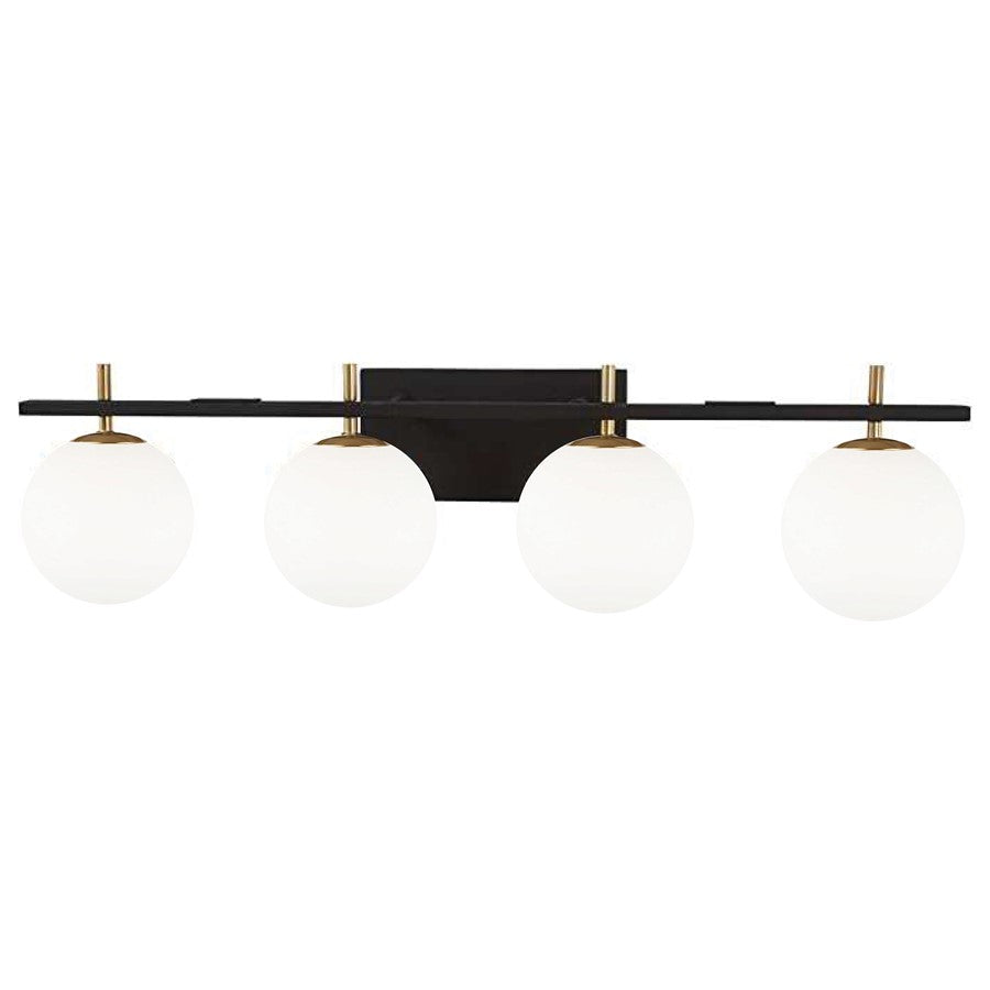 Dainolite Vivaldi 32in 4-Light Vanity Light | Transitional Matte Black and Aged Brass with White Glass | Bathroom & Powder | Model VAD-324W-MB-AGB
