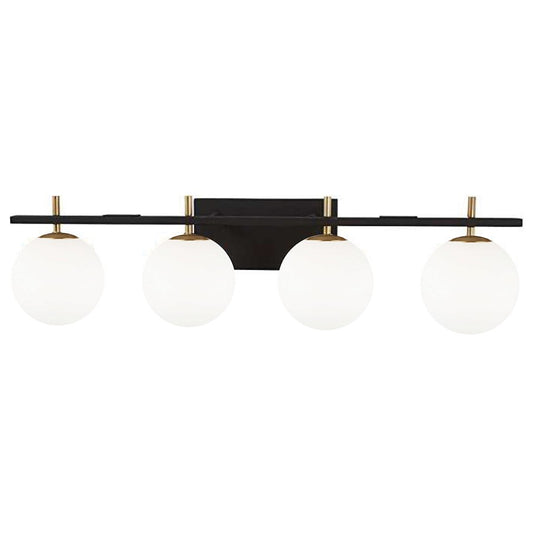 Dainolite Vivaldi 32in 4-Light Vanity Light | Transitional Matte Black and Aged Brass with White Glass | Bathroom & Powder | Model VAD-324W-MB-AGB
