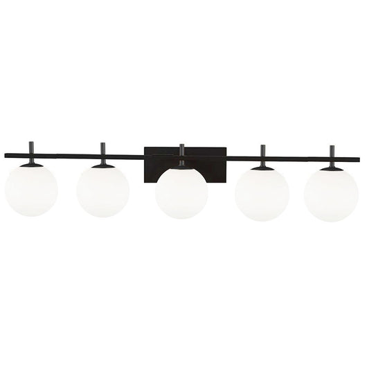 Dainolite Vivaldi 41in 5-Light Vanity Light | Transitional Matte Black with White Glass | Bathroom & Powder Room | W 41 x H 5 x D | Model VAD-415W-MB