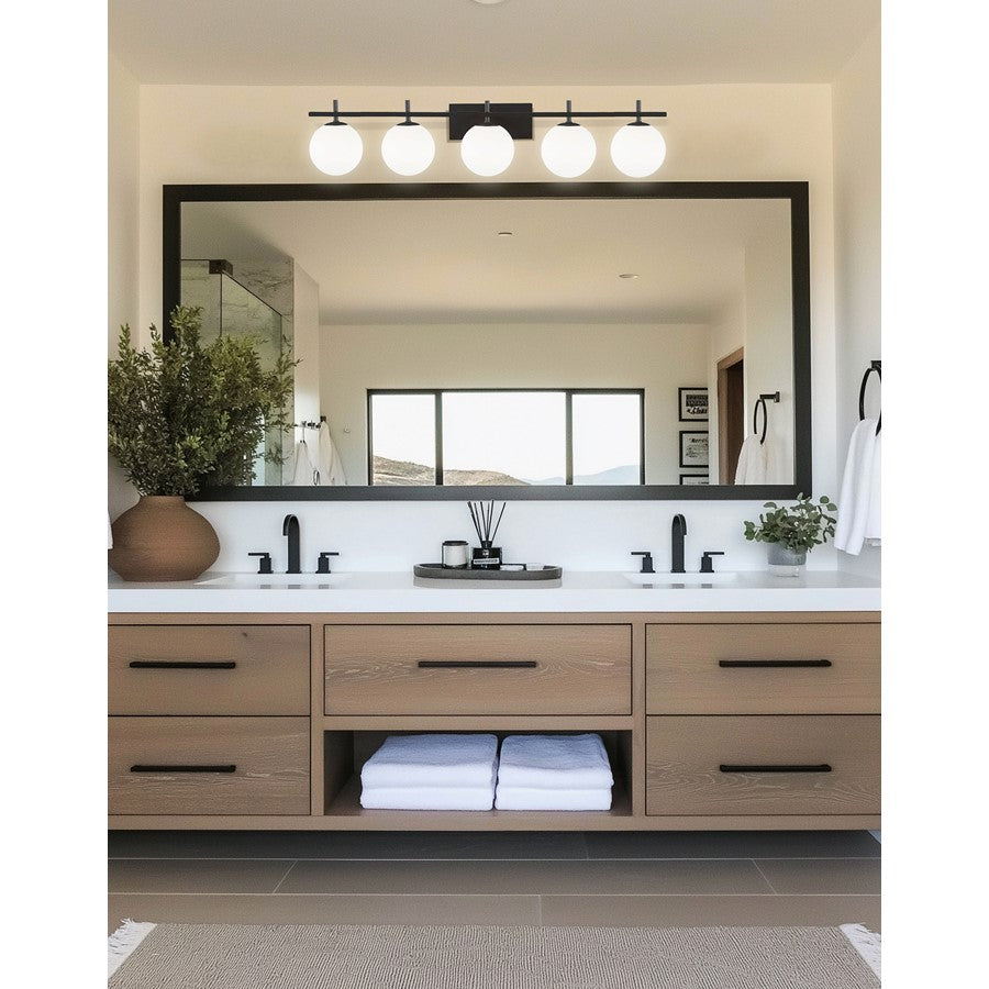 Dainolite Vivaldi 41in 5-Light Vanity Light | Transitional Matte Black with White Glass | Bathroom & Powder Room | W 41 x H 5 x D | Model VAD-415W-MB