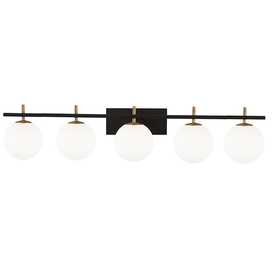 Dainolite Vivaldi 41in 5-Light Vanity | Transitional Matte Black and Aged Brass with White Glass | Bathroom & Powder Room | Model VAD-415W-MB-AGB