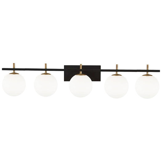 Dainolite Vivaldi 41in 5-Light Vanity | Transitional Matte Black and Aged Brass with White Glass | Bathroom & Powder Room | Model VAD-415W-MB-AGB