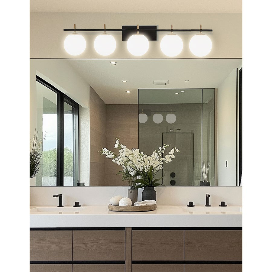 Dainolite Vivaldi 41in 5-Light Vanity | Transitional Matte Black and Aged Brass with White Glass | Bathroom & Powder Room | Model VAD-415W-MB-AGB