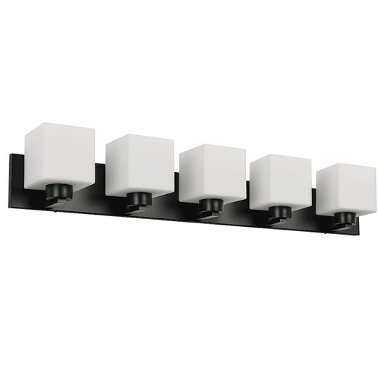 Dainolite Veda 36in 5-Light Vanity Light | Contemporary Matte Black and White Opal Glass | Bathroom Vanity | 36 x 5 x 7 in | Model VED-365W-MB