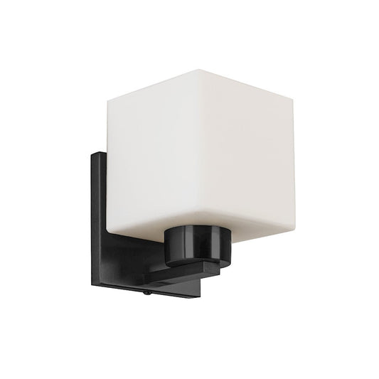 Dainolite Veda 1-Light Wall Sconce | Contemporary Matte Black and White Opal Glass | Bathroom & Hallway | 4 x 4 x 7 in | Model VED-51W-MB