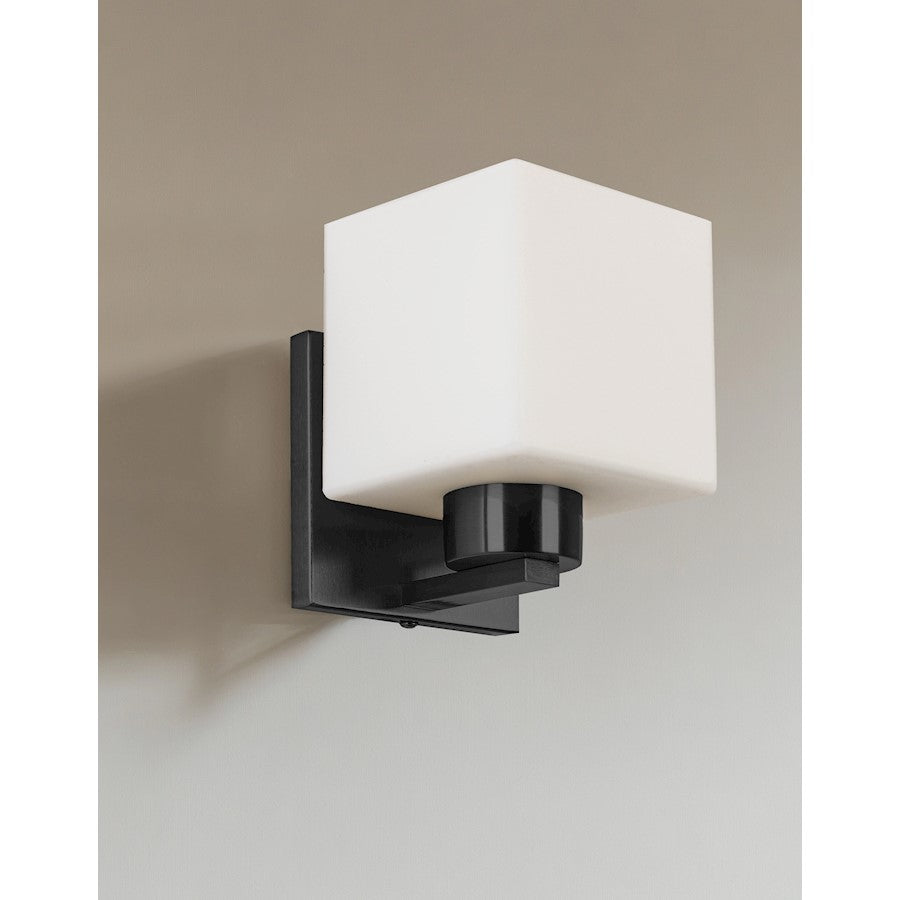 Dainolite Veda 1-Light Wall Sconce | Contemporary Matte Black and White Opal Glass | Bathroom & Hallway | 4 x 4 x 7 in | Model VED-51W-MB