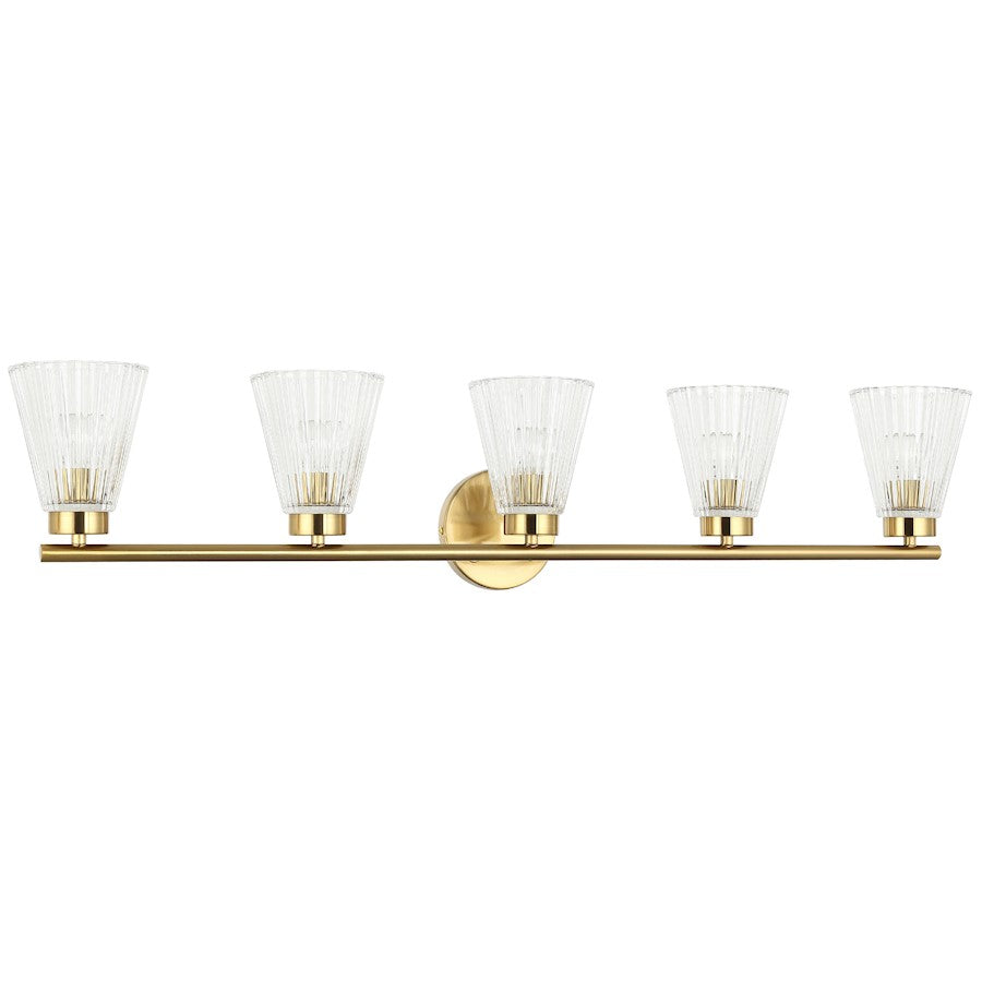 Dainolite Vienna 37in 5-Light Vanity | Transitional Aged Brass and Clear Ribbed Glass | Bathroom Vanity | 6 x 37 x 8 in | Model VIE-385W-AGB