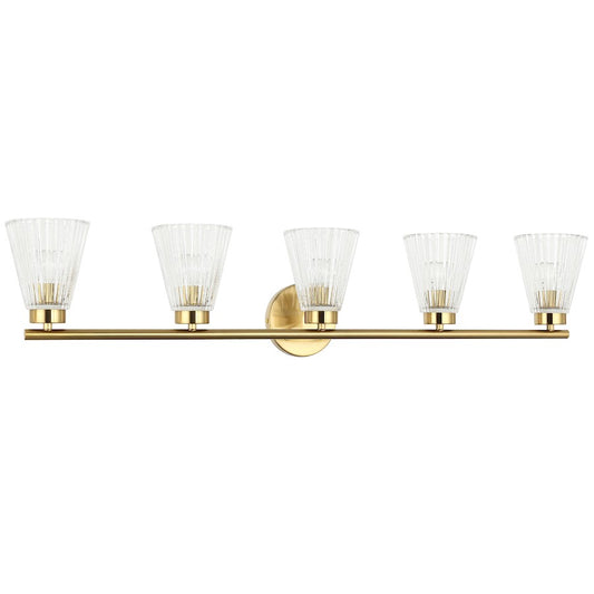 Dainolite Vienna 37in 5-Light Vanity | Transitional Aged Brass and Clear Ribbed Glass | Bathroom Vanity | 6 x 37 x 8 in | Model VIE-385W-AGB