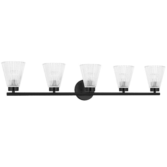 Dainolite Vienna 37in 5-Light Vanity | Transitional Matte Black and Clear Ribbed Glass | Bathroom Vanity | 6 x 37 x 8 in | Model VIE-385W-MB