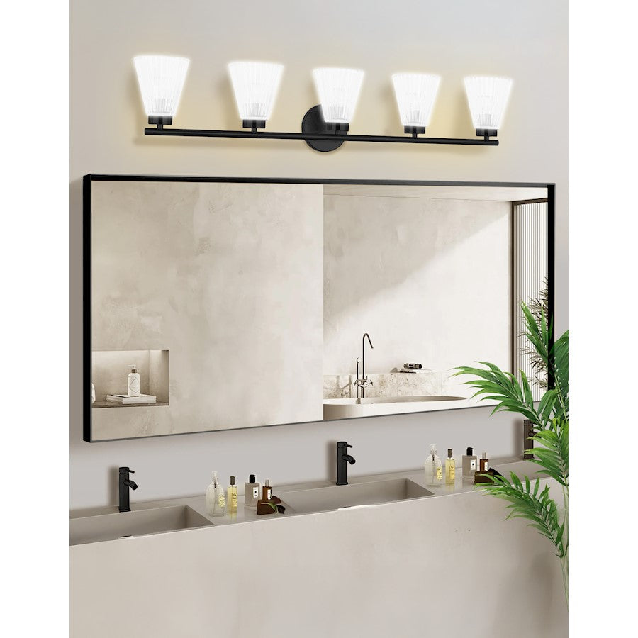 Dainolite Vienna 37in 5-Light Vanity | Transitional Matte Black and Clear Ribbed Glass | Bathroom Vanity | 6 x 37 x 8 in | Model VIE-385W-MB