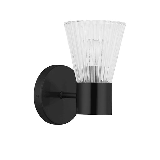 Dainolite Vienna 1-Light Wall Sconce | Transitional Matte Black and Clear Ribbed Glass | Bathroom & Hallway Accent | 6in | Model VIE-91W-MB