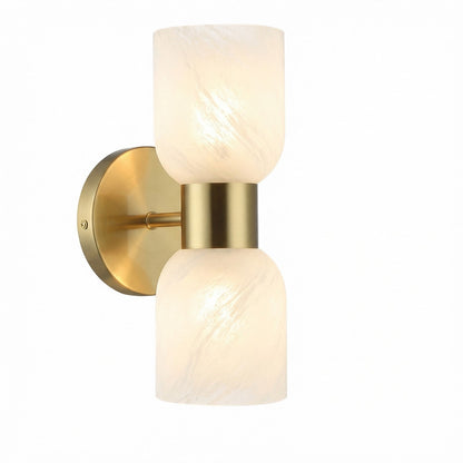 Dainolite Vonda 2-Light Wall Sconce | Transitional Aged Brass Metal and Faux Alabaster Glass | Bathroom & Powder Room Vanity | Model VND-102W-AGB-ALB