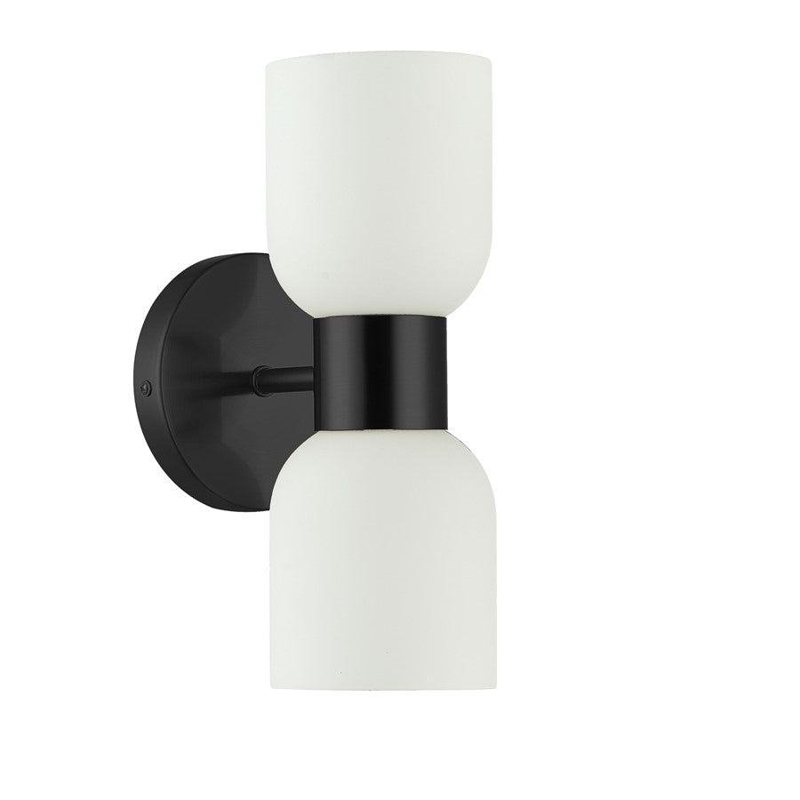 Dainolite Vonda 5in 2-Light Wall Sconce | Transitional Matte Black Metal and White Glass | Bathroom & Powder Room Vanity | Model VND-102W-MB