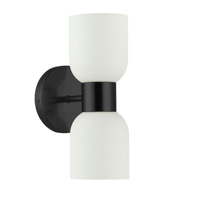 Dainolite Vonda 5in 2-Light Wall Sconce | Transitional Matte Black Metal and White Glass | Bathroom & Powder Room Vanity | Model VND-102W-MB