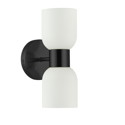 Dainolite Vonda 5in 2-Light Wall Sconce | Transitional Matte Black Metal and White Glass | Bathroom & Powder Room Vanity | Model VND-102W-MB