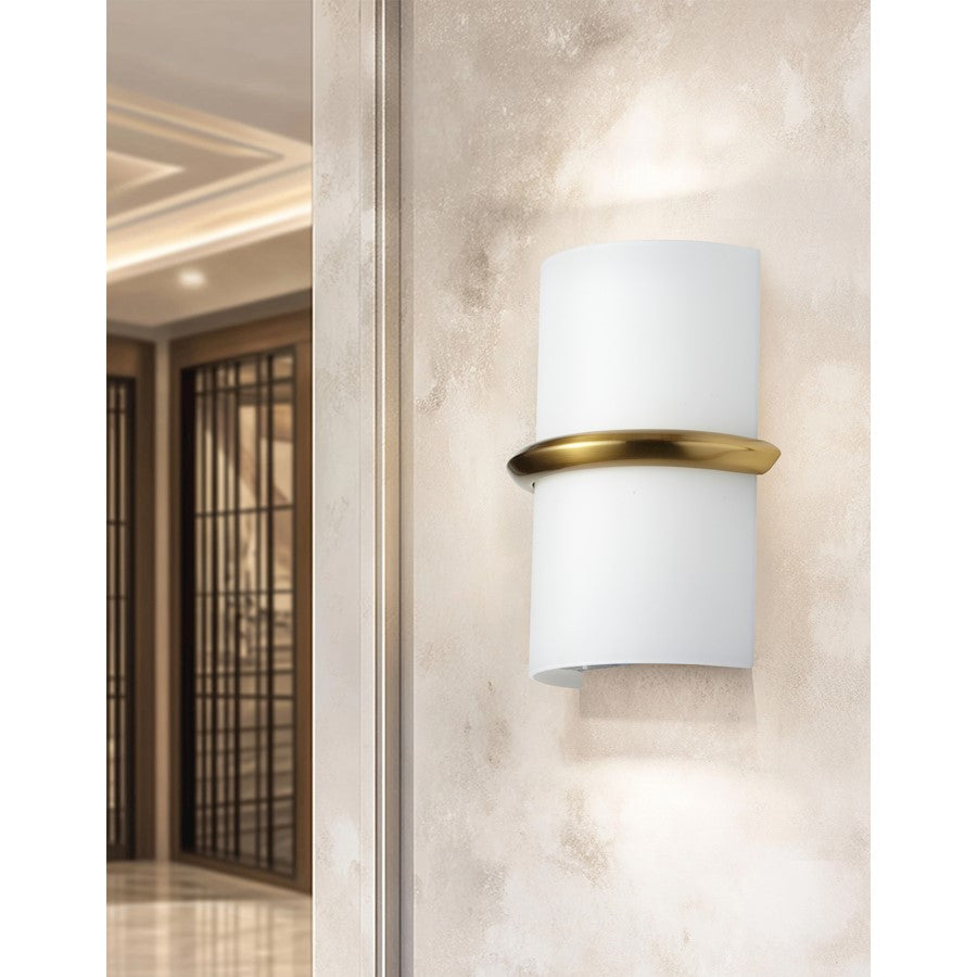 Dainolite Wallace 7in 1-Light LED Sconce | Contemporary Aged Brass and Opal White Glass | Bathroom & Hallway | 900 Lumens | Model WLC-914LEDW-AGB