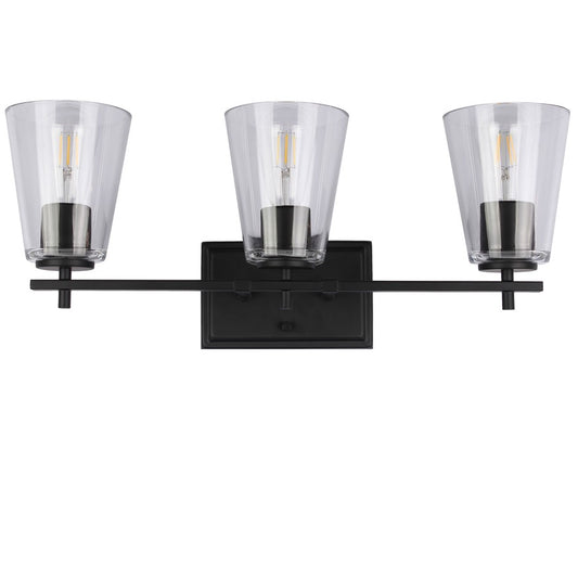 Dainolite Wenda 23in 3-Light Vanity Light | Transitional Matte Black and Clear Glass | Bathroom & Powder Room | 23 x 7 x 9.75 in | Model WND-233W-MB