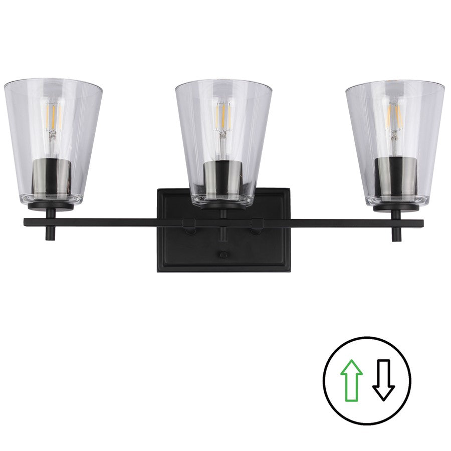 Dainolite Wenda 23in 3-Light Vanity Light | Transitional Matte Black and Clear Glass | Bathroom & Powder Room | 23 x 7 x 9.75 in | Model WND-233W-MB