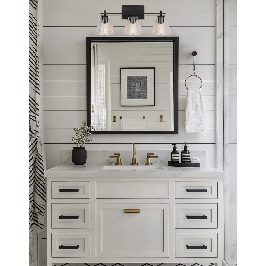 Dainolite Wenda 23in 3-Light Vanity Light | Transitional Matte Black and Clear Glass | Bathroom & Powder Room | 23 x 7 x 9.75 in | Model WND-233W-MB