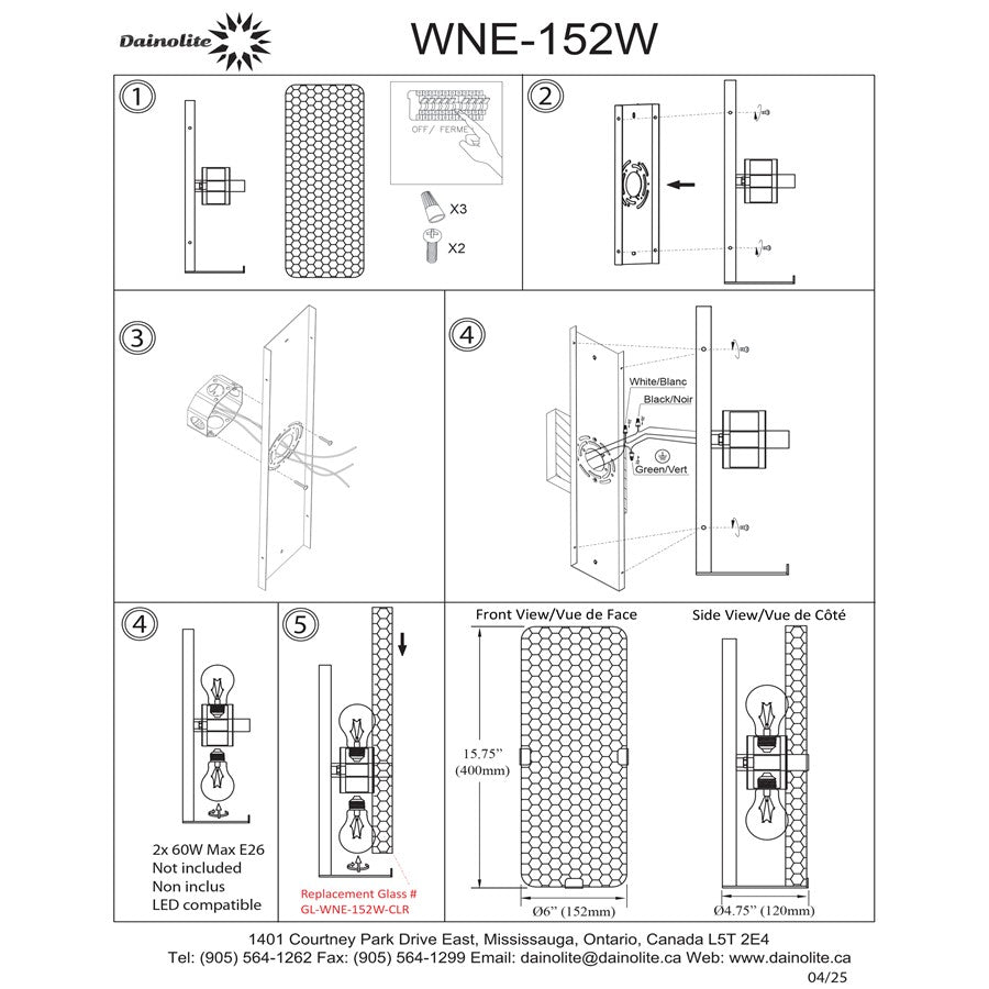 Dainolite Winnie 6in 2-Light Wall Sconce | Contemporary Matte Black and Clear Pattern Glass | Bedroom & Office Accent | Model WNE-152W-MB-CLR