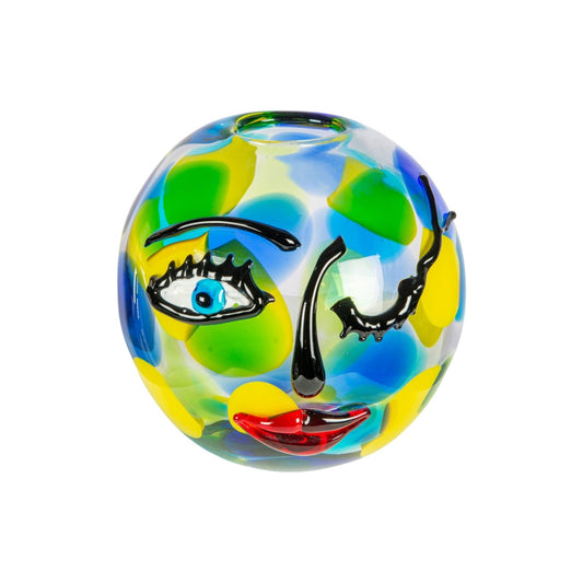 Dale Tiffany Winking Muse 9.5in Hand Blown Art Glass Vase | Whimsical Face Design in Multi-Color | Living Room & Shelf Accent | 9.5 x 9.5in | Model AV26032