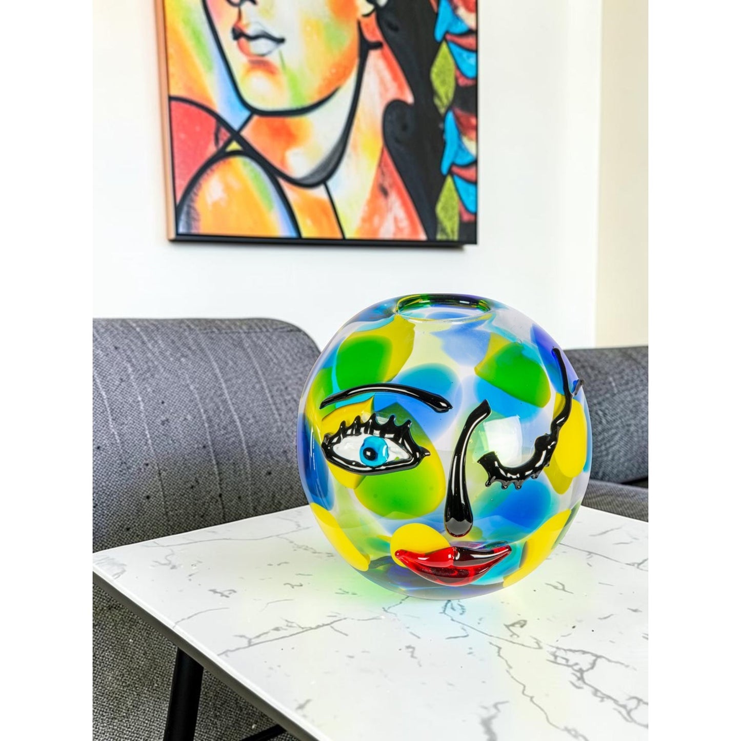 Dale Tiffany Winking Muse 9.5in Hand Blown Art Glass Vase | Whimsical Face Design in Multi-Color | Living Room & Shelf Accent | 9.5 x 9.5in | Model AV26032