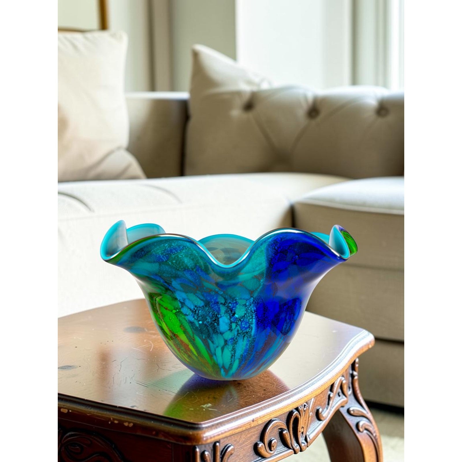 Dale Tiffany Orsini 16in Hand Blown Art Glass Vase | Wide Bowl Blue and Green Swirls | Dining Room & Living Room Centerpiece | 15.75in | Model AV26054