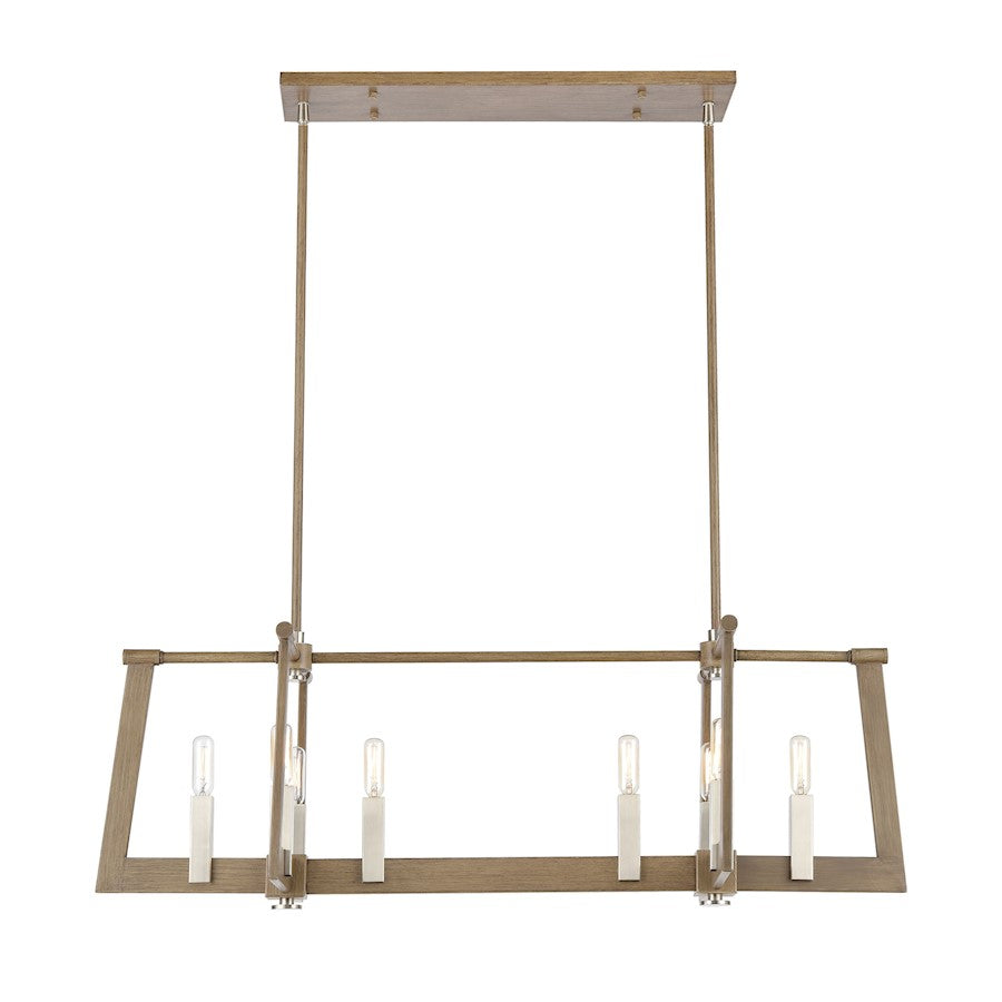 8 Light Linear Chandelier, Light Wood and Nickel