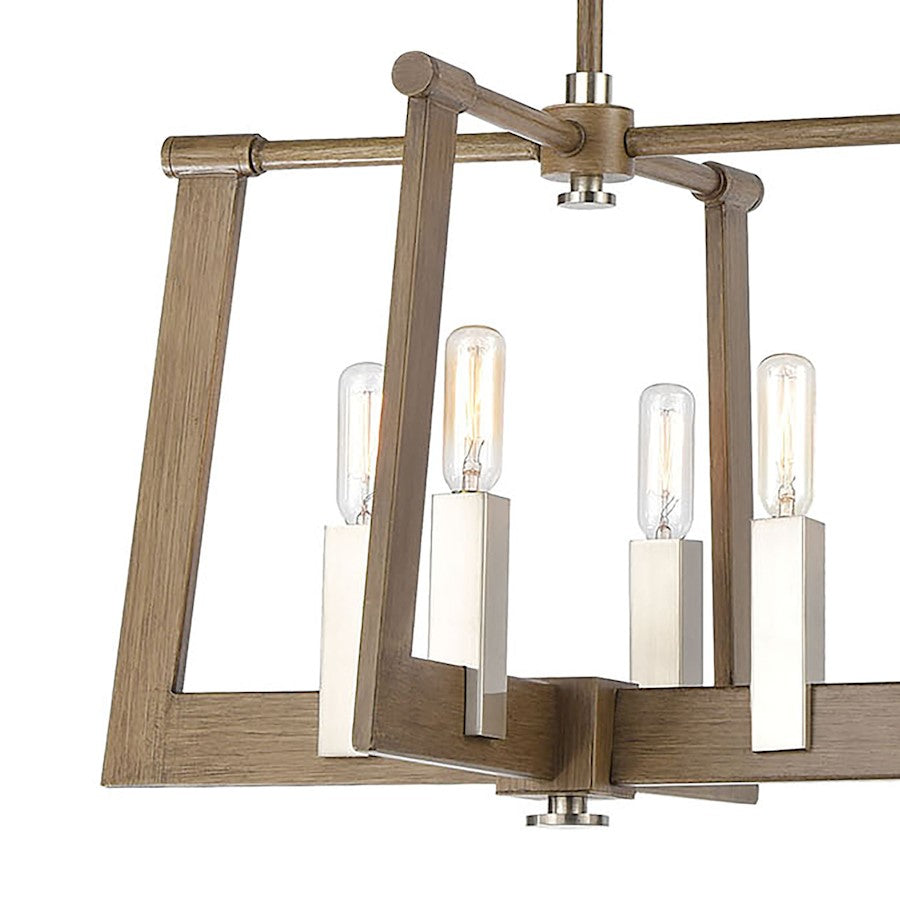 8 Light Linear Chandelier, Light Wood and Nickel