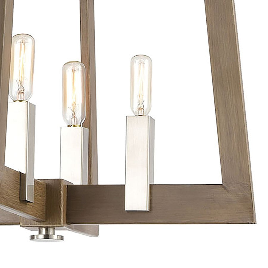 8 Light Linear Chandelier, Light Wood and Nickel