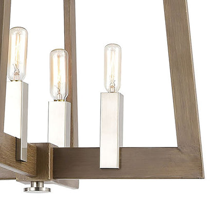 8 Light Linear Chandelier, Light Wood and Nickel