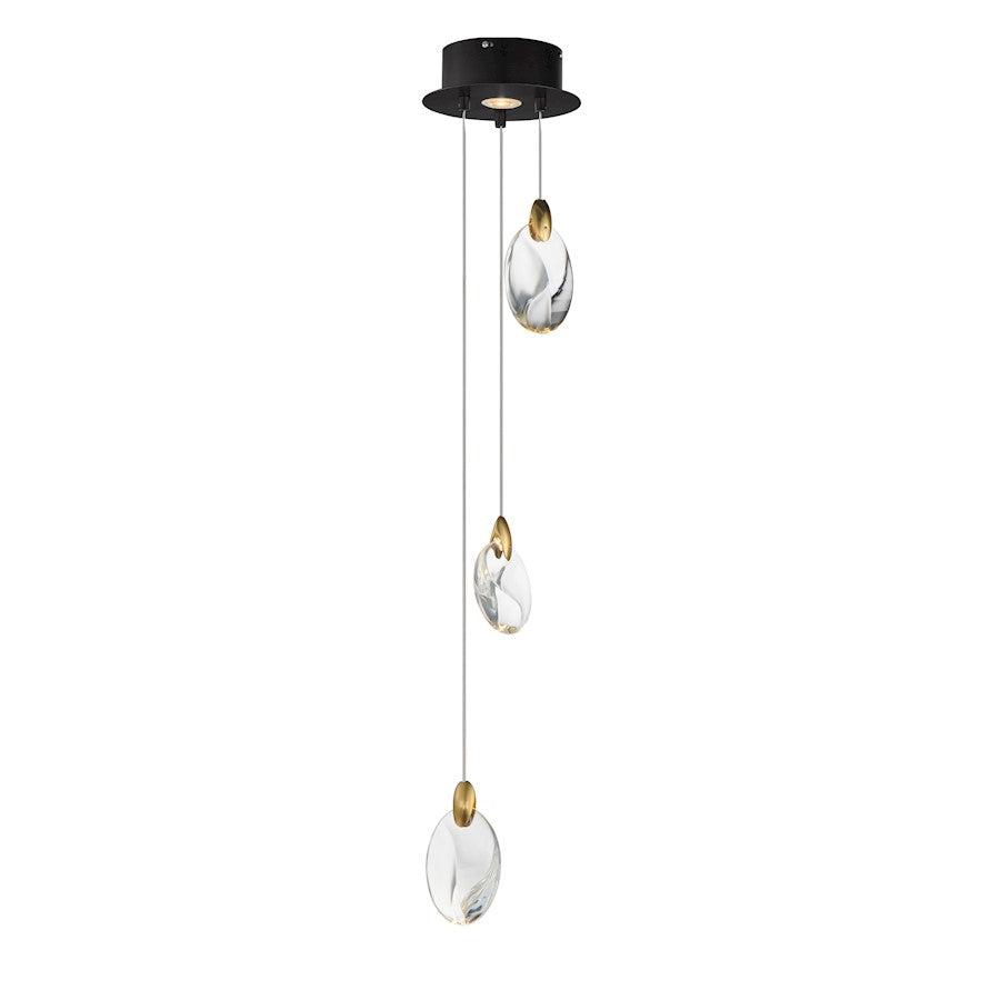 ET2 Lighting Pebble 3Lt LED Pendant, Black/Gold/Clear Crystal