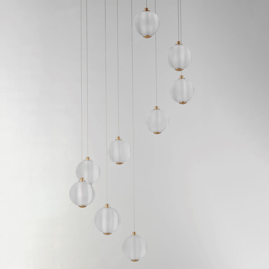 ET2 Lighting Rhythm 9 Light LED Pendant, Gold/Clear Ribbed