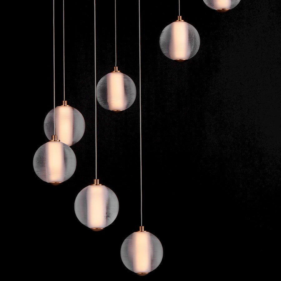 ET2 Lighting Rhythm 9 Light LED Pendant, Gold/Clear Ribbed