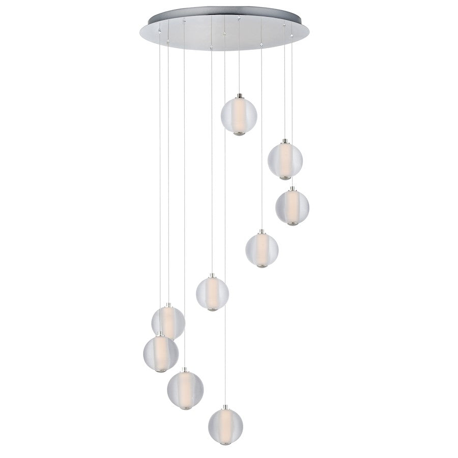 ET2 Lighting Rhythm 9 Light LED Pendant, Chrome/Clear Ribbed