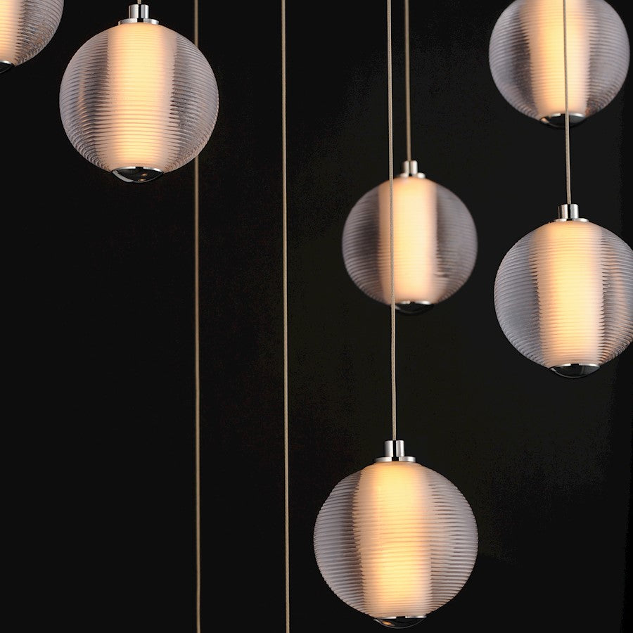 ET2 Lighting Rhythm 9 Light LED Pendant, Chrome/Clear Ribbed