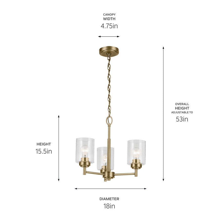 Kichler Winslow 3 Light Mini Chandelier, Natural Brass/Clear Seeded