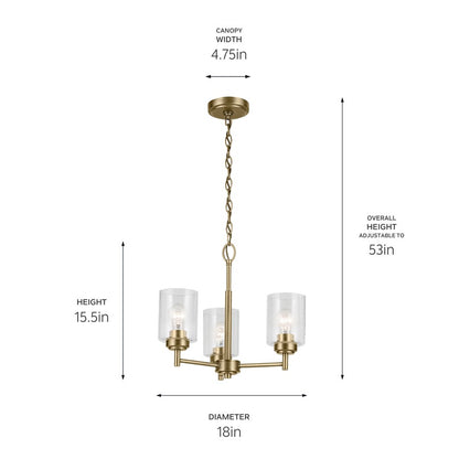 Kichler Winslow 3 Light Mini Chandelier, Natural Brass/Clear Seeded