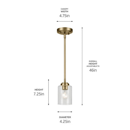Kichler Winslow 1 Light Mini Pendant, Natural Brass/Clear Seeded