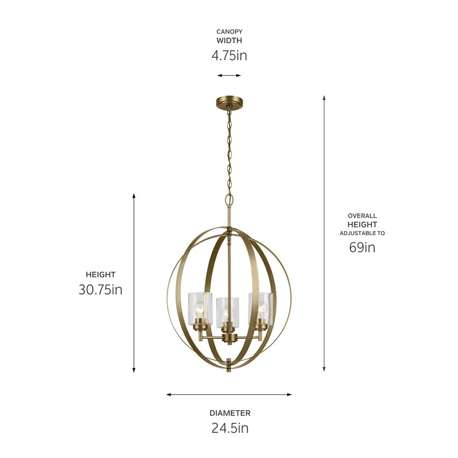 Kichler Winslow 3 Light Chandelier 1 Tier Medium, Brass/Clear Seeded