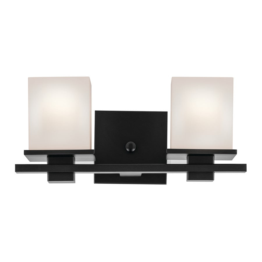 Kichler Tully 2 Light 15in Bath Vanity Light | Modern Black Steel & Opal Glass | Bathroom Sink & Mirror Area Light | 120V, Dimmable, 2 A19 | Model 45150BK
