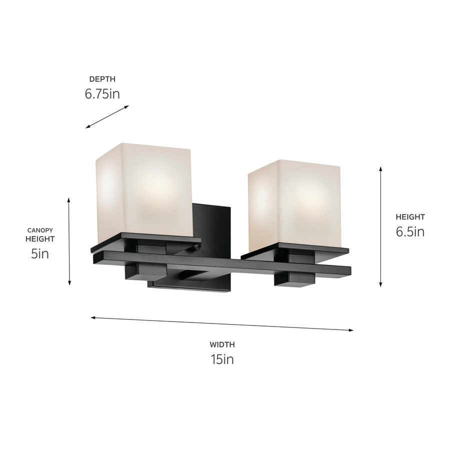 Kichler Tully 2 Light 15in Bath Vanity Light | Modern Black Steel & Opal Glass | Bathroom Sink & Mirror Area Light | 120V, Dimmable, 2 A19 | Model 45150BK