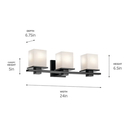 Kichler Tully 24in 3-Light Vanity Light | Modern Black Steel & Satin Etched Opal Glass | Bathroom Vanity & Powder Room Illumination | Model 45151BK