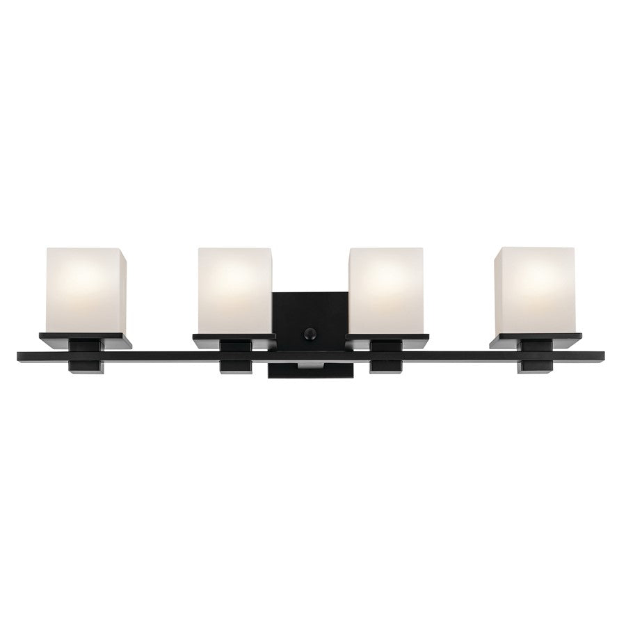 Kichler Tully 32in 4-Light Bathroom Vanity Light | Modern Black Steel & Satin Etched Opal Glass | Master Bath & Powder Room Vanity | Model 45152BK