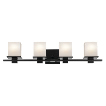Kichler Tully 32in 4-Light Bathroom Vanity Light | Modern Black Steel & Satin Etched Opal Glass | Master Bath & Powder Room Vanity | Model 45152BK