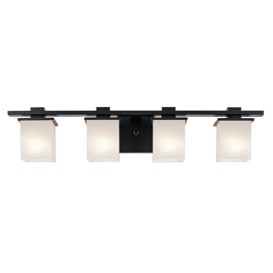 Kichler Tully 32in 4-Light Bathroom Vanity Light | Modern Black Steel & Satin Etched Opal Glass | Master Bath & Powder Room Vanity | Model 45152BK