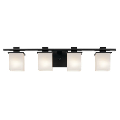 Kichler Tully 32in 4-Light Bathroom Vanity Light | Modern Black Steel & Satin Etched Opal Glass | Master Bath & Powder Room Vanity | Model 45152BK
