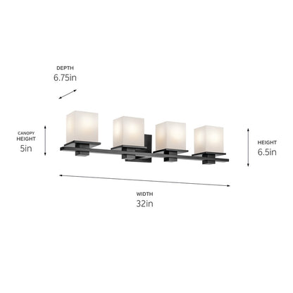 Kichler Tully 32in 4-Light Bathroom Vanity Light | Modern Black Steel & Satin Etched Opal Glass | Master Bath & Powder Room Vanity | Model 45152BK