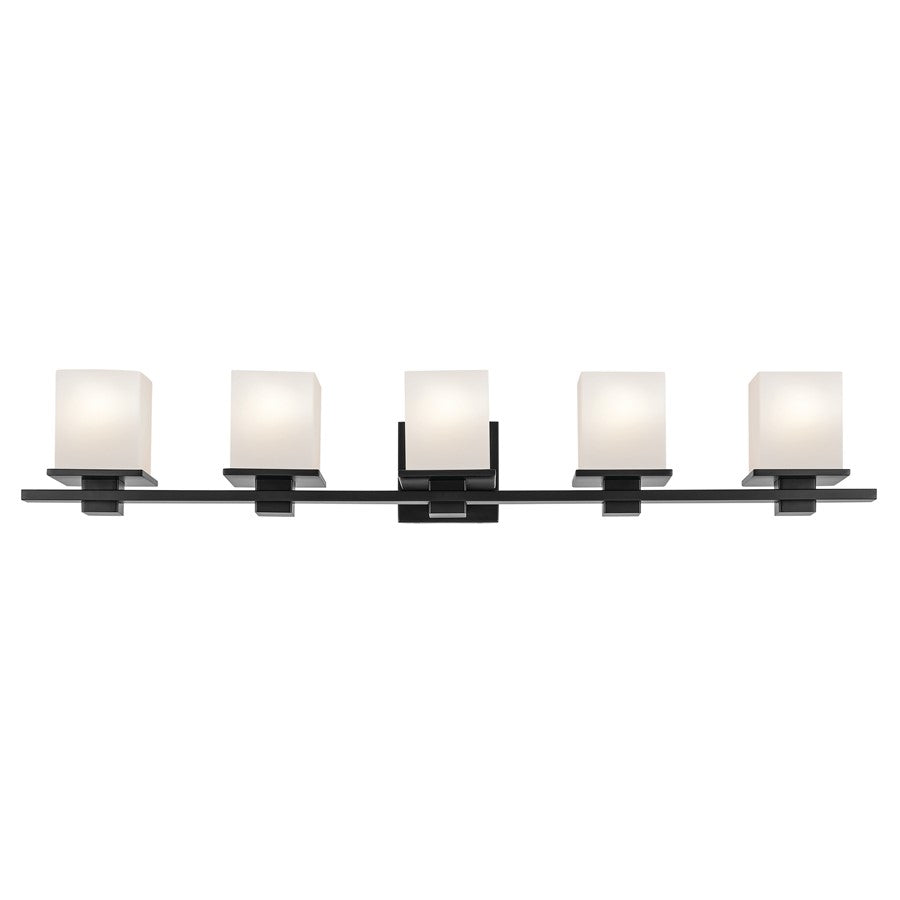 Kichler Tully 40in 5-Light Bath Vanity Light | Modern Black & Satin Etched Opal Glass | Bathroom Vanity Lighting | 5 A19 Bulbs, Dimmable | Model 45193BK
