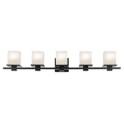 Kichler Tully 40in 5-Light Bath Vanity Light | Modern Black & Satin Etched Opal Glass | Bathroom Vanity Lighting | 5 A19 Bulbs, Dimmable | Model 45193BK